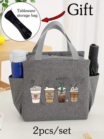 2pcs/Set Lunch Bag Insulated Bag, Printed Coffee Pattern Lunch Bag, With Black Cutlery Storage Bag, Double Pocket Lunch Box Bag, Large Capacity, Student Teacher Meal Insulated Cooler Bag, Portable Travel Picnic Bag, Office School Lunch Bag, Insulated Lunch Box, Work Lunch Box, Office Holiday Lunch Box, Multifunctional Camping School Lunch Box, Unisex, Back To School Gift