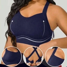 Seamless High-Elasticity And High-Support Plus-Size Sports Bra,Women Plus-Size Underwear Detachable Chest Pad With Cross-Strap Design,Women's Plus-Size Fitness Solid Color Simple Yoga Bra,Women Soft And Comfortable Plus-Size Sports Tops - Màu xanh hải quân - Xem 5