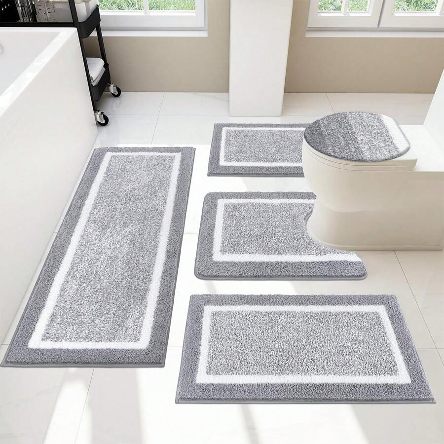 Pauwer Bathroom Rugs Sets 5 Piece With Lid Cover Bathroom Shower Rugs With U-Shaped Contour Toilet Mat Absorbent Microfiber Plush Bath Mats Non Slip Bath Rugs Machine Washable Bathroom Floor Mats, Light Grey - Màu Xám nhạt - Xem 1