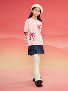 Balabala Tween Girl 2025 New Year Bow Jacquard Round Neck Drop Shoulder Long Sleeve Casual Sweater - Red - View 5