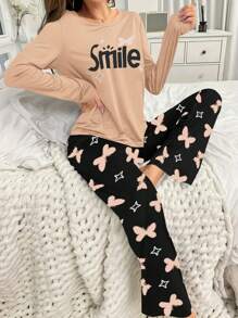 2 件女士睡衣套装，包括长裤和字母印花上衣，适合秋冬季使用
