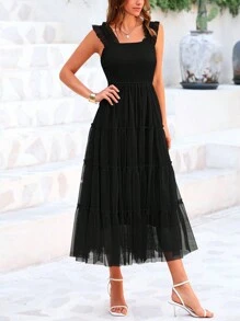 Women's Summer Mid-Length Dress Casual Sleeveless Pleats Ruffled Tulle Flowing New Year Party Wedding Guest Sundress - Black - View 5