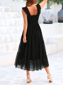 Women's Summer Mid-Length Dress Casual Sleeveless Pleats Ruffled Tulle Flowing New Year Party Wedding Guest Sundress - Black - View 2