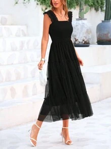 Women's Summer Mid-Length Dress Casual Sleeveless Pleats Ruffled Tulle Flowing New Year Party Wedding Guest Sundress - Black - View 4