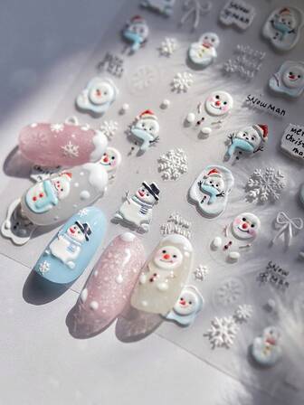 1 件 3D 雪人和雪花美甲贴纸，适合家庭或美甲沙龙的美甲贴花，适合所有女性和女孩的美甲 DIY 艺术，冬季