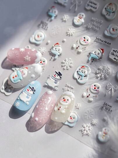 1片3D雪人和雪花美甲贴纸，适用于家庭或美甲沙龙的美甲贴花，适合所有女性和女孩的DIY美甲，冬季美甲