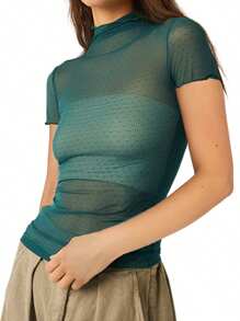 Women's Slim Sheer Mesh Tops Solid Color Short Sleeve High Neck T-Shirt For Spring, Summer - Green - View 2