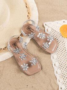 Girls' Fashionable Cute Shiny Sequin Snowflake Slip-On Flat Sandals, Open Toe Summer Flat Party Shoes, Suitable For Little Girls Beach, Party, Outdoor Camping, Flower Center Replaced By Round Rhinestone