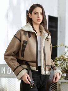 HH Fashion Elegant Women Thickening Warm Zip Coat Female Faux Leather Lambswool Patchwork Sleeveless Casual Jacket