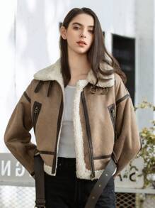 HH Fashion Elegant Women Thickening Warm Zip Coat Female Faux Leather Lambswool Patchwork Sleeveless Casual Jacket