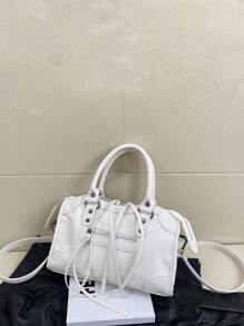 1 Pc White Splicing Rivets Inlaid Metal Zip Tassel Zip Decoration Retro PU Material Double Handles Adjustable Long Shoulder Strap Design Zip Closure Fashion Retro Sweet Cool Style Biker Bag Y2K Punk Style Square Bag Ladies Tote Bag Casual Quiet Luxury Style Ladies Slant Shoulder Bag Suitable For Daily Commuting Work Shopping Shopping And Other Use