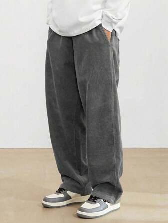 1 pièce Pantalon ample de sport décontracté rétro pour jeune garçon, en velours côtelé de couleur unie, jambe droite, poches, jambe évasée, convient pour le printemps et l'automne