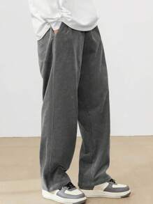 1pc Boys & Teenagers Casual Vintage Loose Outdoor Sports Corduroy Solid Color Simple Straight Pocket Wide Leg Pants, Spring/Autumn - Grey - View 3