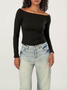 Women's Off Shoulder Crop Tops Long Sleeve Solid Color Slim Fit T-Shirts Dressy Blouses