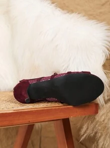 Damskie botki z siateczki, sznurowane botki z siateczki, buty do tańca jazzowego na obcasie, sandały na wysokim obcasie z odkrytymi palcami - Burgund - Zobacz 4