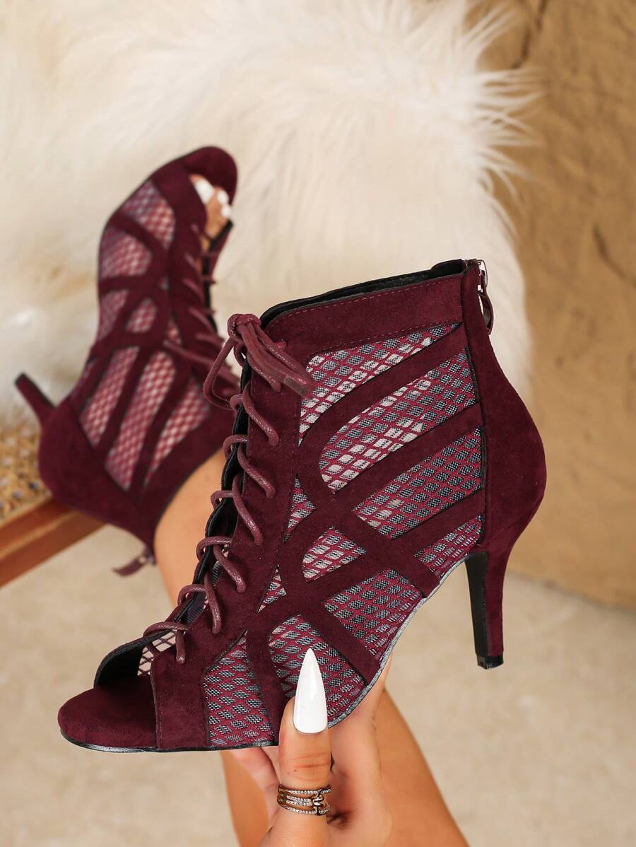 Damskie botki z siateczki, sznurowane botki z siateczki, buty do tańca jazzowego na obcasie, sandały na wysokim obcasie z odkrytymi palcami - Burgund - Zobacz 1