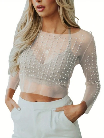 Women's Summer Sheer Mesh Tops Long Sleeve Round Neck Rhinestone Slim Fit Crop Tops