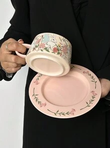 1 Set Cute Rabbit Coffee Cup & Saucer Set - Vintage Ceramic, Suitable For Afternoon Tea, Also Perfect For Parties, Thanksgiving, And Back To School Season - Rabbit In the Flowers Coffee Cup and Saucer - View 12