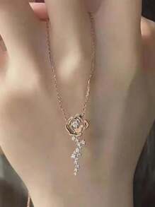 1 件复古法式奢华微镶嵌锆石玫瑰花项链女士 - 彩色 - 查看 3