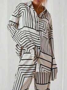 Women's Fashion Elegant Casual Commuter 2 Pieces Set With Line & Geometric Pattern Spring - Black and White - View 6