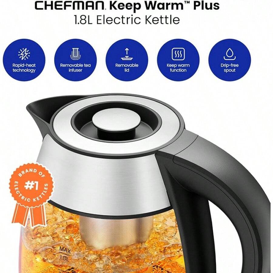 Electric Kettle, 1.8L 1500W, Hot Water Boiler, Removable Lid For Easy Cleaning, Auto Shut Off, Boil-Dry Protection, Stainless Steel Filter, , Borosilicate Glass Electric Tea Kettle - Stainless Steel - View 1