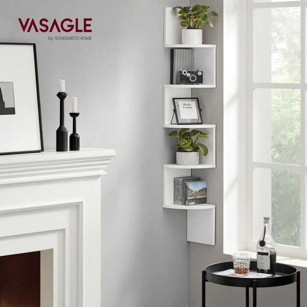 VASAGLE Libreria Angolare, Mensola Angolare da Muro, Scaffale da Parete a 5 Ripiani, in Camera da Letto Soggiorno Bagno Studio, Porta Piante, Bianco Nuvola