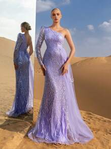 Faeriesty 女士单肩露背蕾丝亮片美人鱼晚礼服 – 正式宴会礼服、婚礼摄影、红毯活动、新娘写真、沙漠主题派对优雅装扮 - 紫色 - 查看 6
