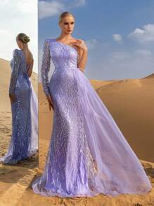 Faeriesty 女士单肩露背蕾丝亮片美人鱼晚礼服 – 正式宴会礼服、婚礼摄影、红毯活动、新娘写真、沙漠主题派对优雅装扮 - 紫色 - 查看 5