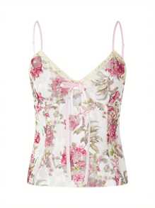 Women Spaghetti Strap Camisoles Floral Print V-Neck Tie-Up Front Sleeveless Sling Tank Tops Summer Slim Fit Vests Crop Tops