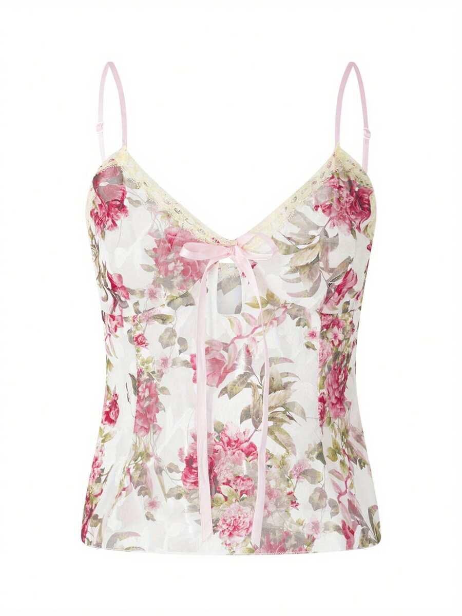 Women Spaghetti Strap Camisoles Floral Print V-Neck Tie-Up Front Sleeveless Sling Tank Tops Summer Slim Fit Vests Crop Tops
