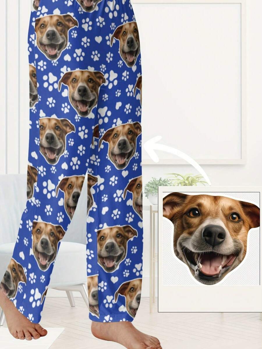 1pc Unisex Novelty And Comfortable Pet Pattern Printed Pajama Pants, Customized, Fall & Winter - Blue - View 1