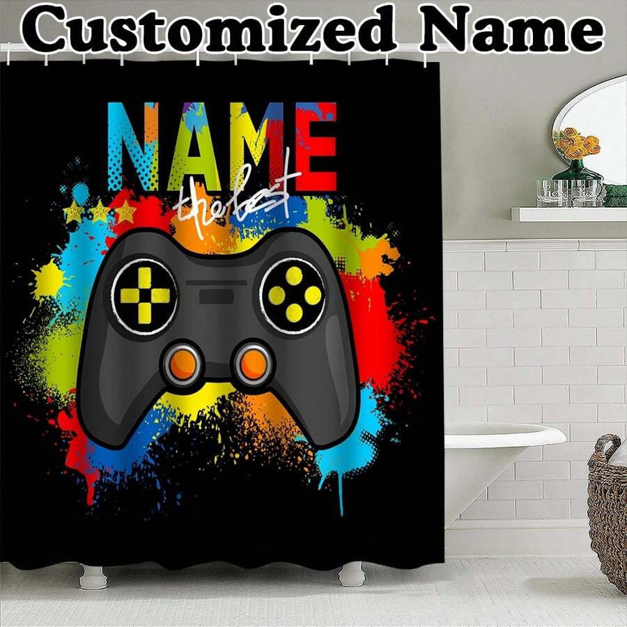 1 PIEZA Cortina de ducha impermeable personalizada con tema de juego, patrón personalizado de manija de juego y texto de fuente personalizada, regalo para amantes de los juegos, familia y amigos, cortina de ducha personalizada con nombre para bañera, impermeable y lavable a máquina con ganchos, adecuada para la decoración del baño en el hogar en todas las estaciones, accesorios de baño, decoración de otoño, de vuelta a la escuela
