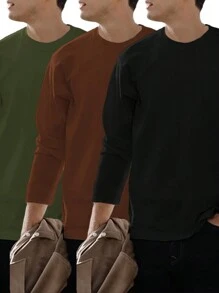 3pcs/Set Men's Solid Color Casual Crew Neck Long Sleeve T-Shirts, Autumn