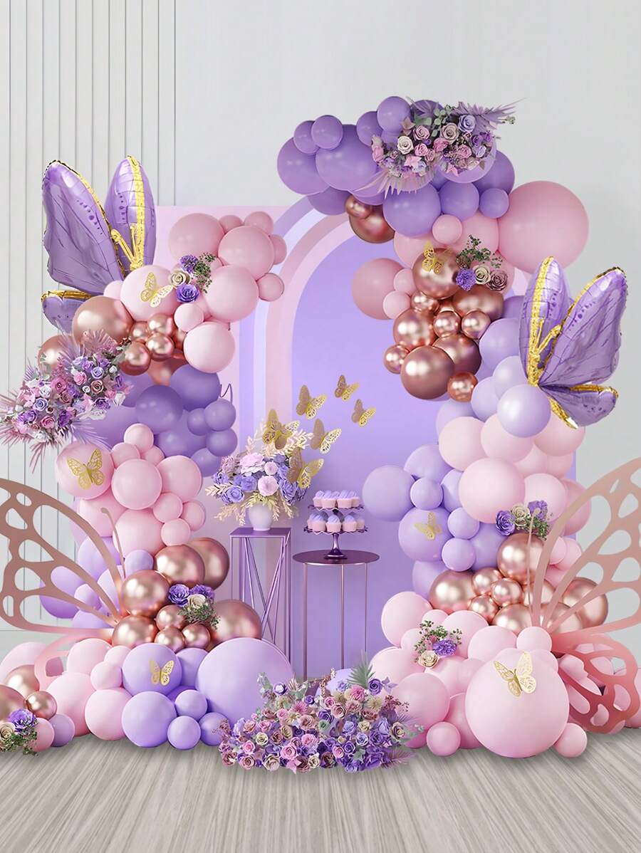 118pcs, Purple Pink Balloon Garland Arch Kit Maca Purple Latex Balloon Rose Gold Decorative Balloon With Foil Butterfly Balloon Decoration For Birthday Party Wedding Decoration, Balloon Garland Arch Set - Multicolor - View 1