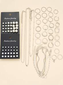 108pcs/83pcs/91pcs/81pcs/58pcs/53pcs Vintage Elegant Butterfly, Heart, Shell, Geometric C-Shaped Faux Pearl Necklace, Bracelet, Ring, Earring, Anklet Jewelry Set, Ideal Gift For Women, Birthday, Holiday, Party, Valentine's Day (No Box)