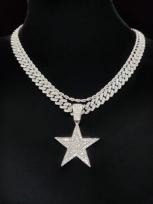 1 件时尚创意男女通用五角星吊坠项链，复古嘻哈风格，适合派对或日常佩戴，2 种链条款式可选 - 銀色 - 查看 1