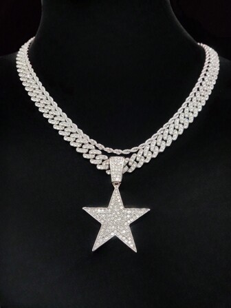 1 pieza Colgante de collar con diseño de estrella de cinco puntas unisex, de estilo retro hip hop, adecuado para fiestas o uso diario, disponible en 2 estilos de cadena