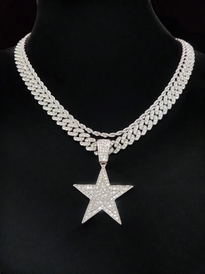 1 件时尚创意男女通用五角星吊坠项链，复古嘻哈风格，适合派对或日常佩戴，2 种链条款式可选