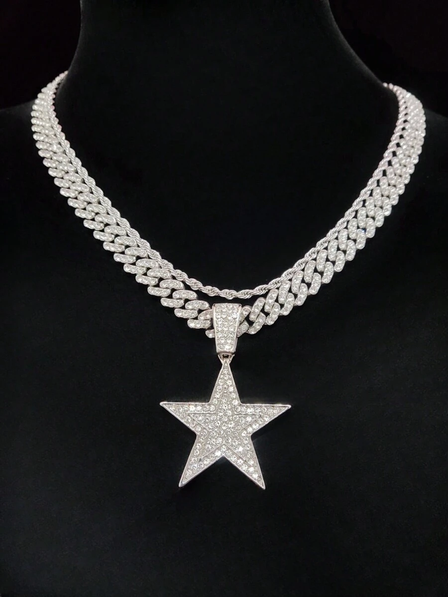 1 件时尚创意男女通用五角星吊坠项链，复古嘻哈风格，适合派对或日常佩戴，2 种链条款式可选 - 銀色 - 查看 1