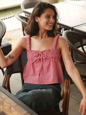 Damen Sommer Karoprint Rüschen Träger Lässig Top