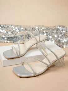 女士水晶高跟凉鞋，水钻系带露趾凉鞋，情人节的两种穿搭方式 - 銀色 - 查看 4