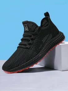 男士 2024 年春秋季新款百搭学生网眼透气平底休闲潮流运动网鞋 - 黑色 - 查看 1