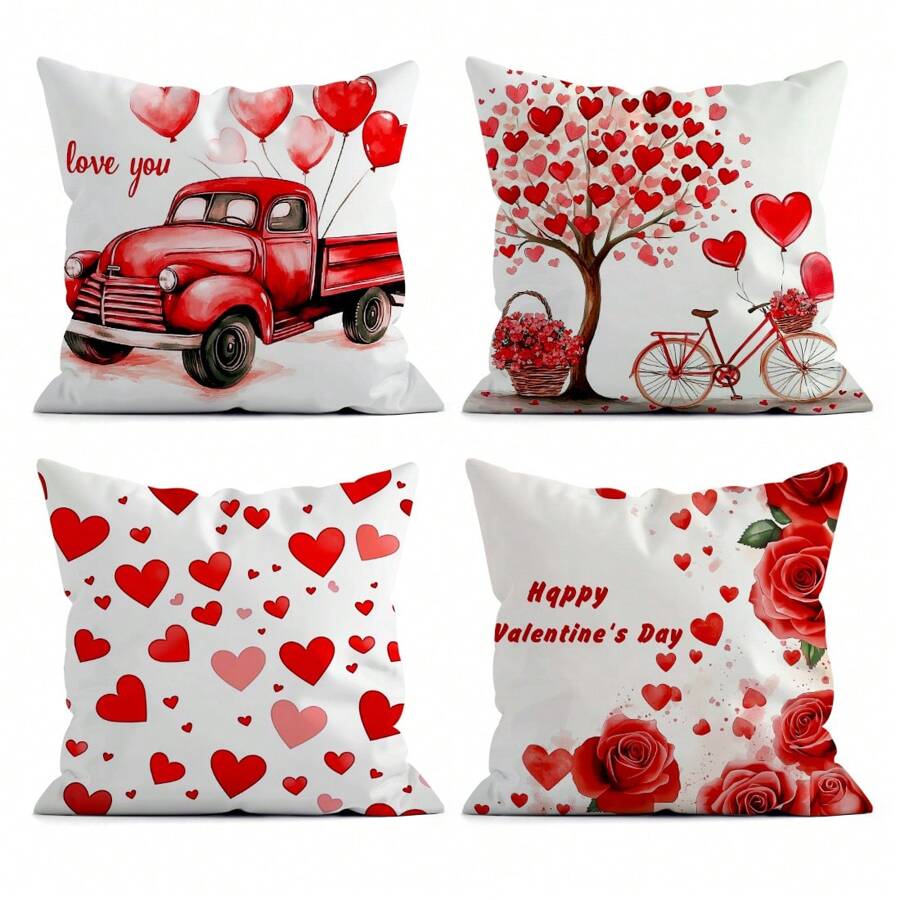 4 Stücke Valentinstag Dekorations-Set, beidseitig bedruckte Kissenbezüge