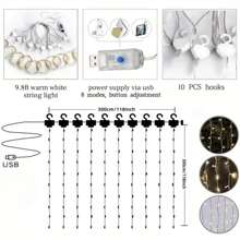 1 set de 2 rideaux de fond en voile transparent avec guirlande lumineuse de fée - Tentures en polyester blanc 100% de 1,6 m x 3 m, convenant pour les mariages, anniversaires, occasions diverses. Kit d'éclairage alimenté par USB, polyvalent pour différentes occasions