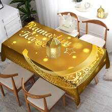 1 Stück Ramadan Kareem Polyester Tischdecke, Design mit goldenen Mond und goldenen Text, rechteckige waschbare Tischdecke, Ramadan Themen Party Dekoration Tischdecken, für Picknicks, Camping, Hochzeiten, Geburtstagsfeiern