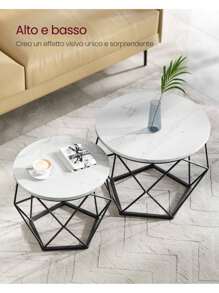 VASAGLE Tavolino da CaffÈ Rotondo, Set di 2 Tavolini ad Incastro, Stile Moderno, Piano Rimovibile, Struttura in Acciaio, Adatto per Soggiorno, Bianco e Nero - Bianco - Visualizzare 4