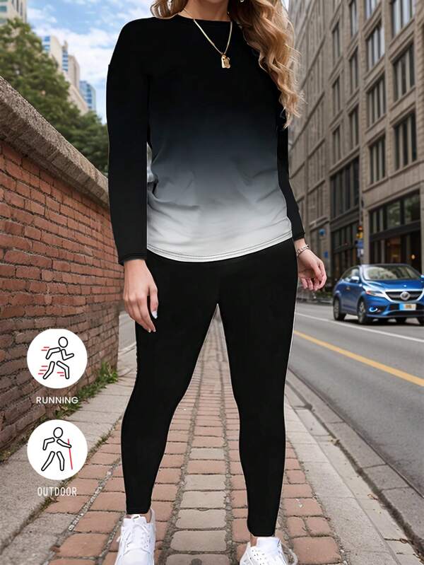 SUPSHUSY Gradient Color Long T-Shirt Set, Ombre Crew Neck Top And Pants 2 Pieces Set, Suitable For Spring Indoor And Outdoor Yoga, Exercise, Running