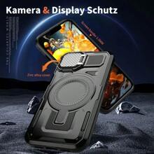 Funda compatible con iPhone con tapa de metal para la cámara y soporte [Compatible con MagSafe][Protector de lente de cámara 9H] compatible con iPhone 11/12/13/14/15/16/Plus/Pro/Pro Max. Cubierta protectora para teléfono a prueba de golpes de gran resistencia, color negro