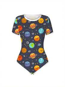 Women Slim Romper Pajama, Adults Cute Cartoon Print Short Sleeve Round Neck High Waist Bodysuit Short Sleeve Playsuit - Dark Blue - View 4