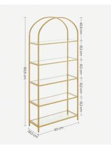VASAGLE Scaffale a 5 piani, mensola in vetro temperato, design ad arco, struttura in acciaio, per soggiorno, bagno, studio, colore dorato/Nero e Grigio - Dorato - Visualizzare 5